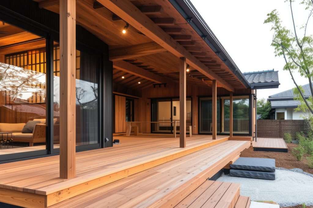 Varanda de casa feita em madeira e estrutura em Wood Frame